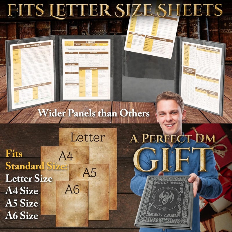 Soar Forge DM Screen for DND with 4 Wider Panels - Crystal Clear GM Pockets - Embossed Faux Leather Dungeon Master Screen with Celtic Knot & Dragon Design for D&D 5e & More - Image 3